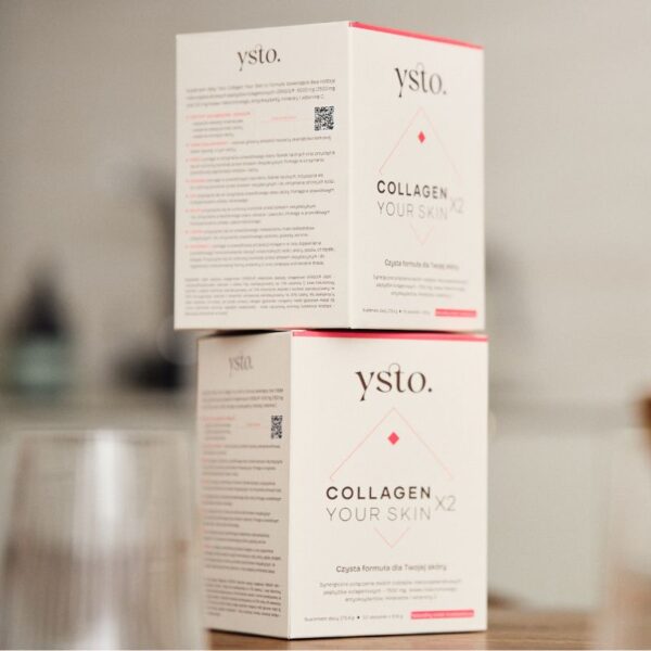 Dwa kartoniki Ysto Collagen Your Skin stoją ustawione jeden na drugim.