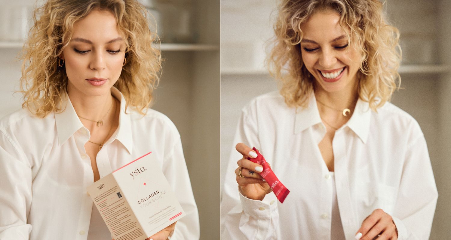 Modelka przygotowuje kolagen do picia - Collagen Your Skin x 2 marki Ysto. 